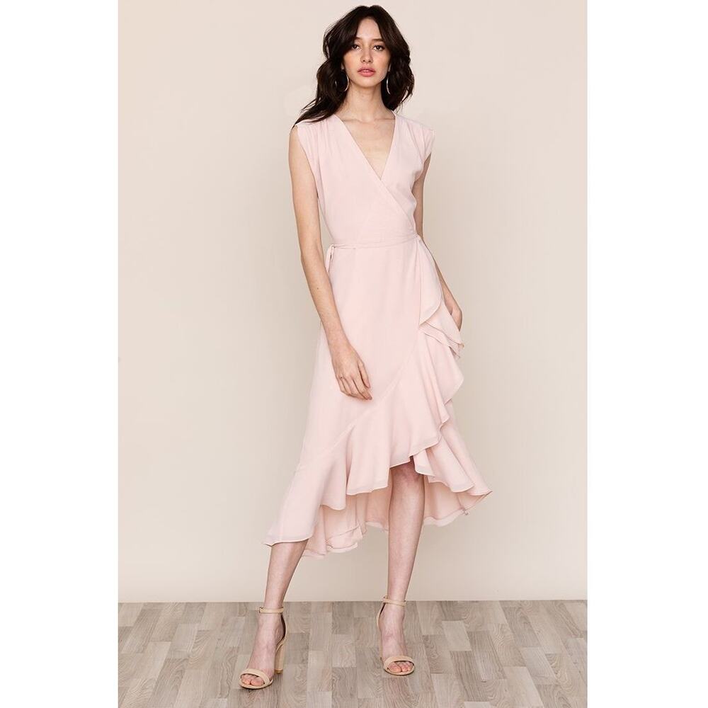 YUMI KIM Pink Midi Cap Sleeve V-Neck Wrap Dress Size S